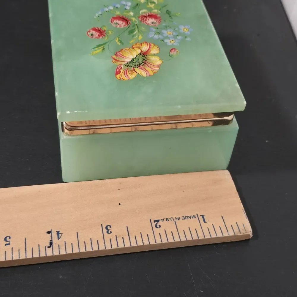 Alabaster Green ONYX Floral Keepsake Trinket‎ Box Marble Gold